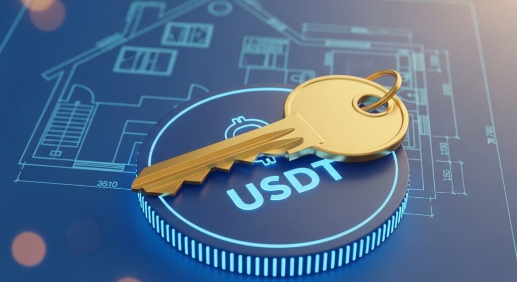 테더 USDT와 부동산 열쇠를 형상화한 자산 연결 시각화